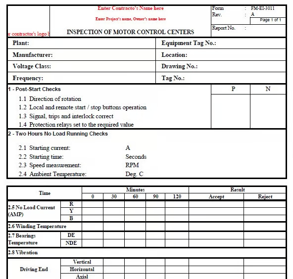 Inspection & Test Plan for Low and Medium Voltage Motors Installation