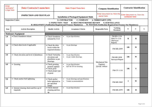 Full ITP's for Mechanical Works with Inspection Checklists [Editable]